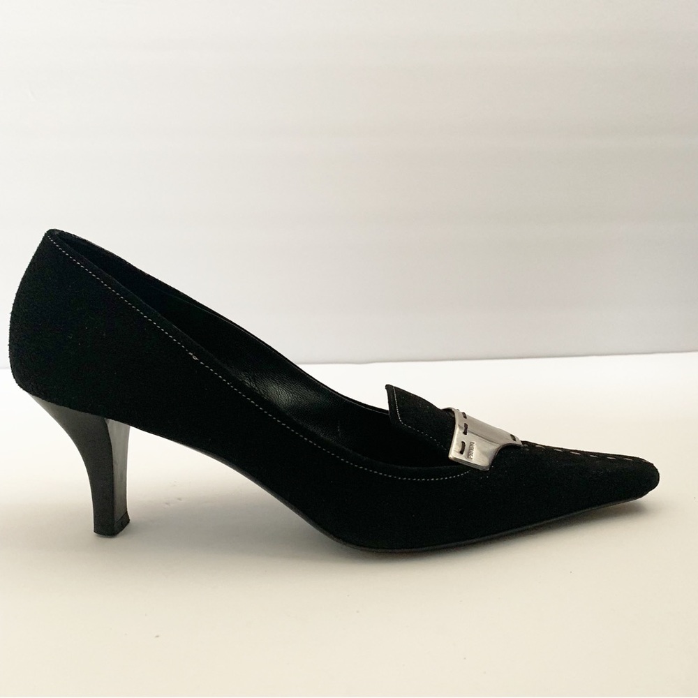 VINTAGE PRADA SUEDE POINTY PLAQUE KITTEN HEEL